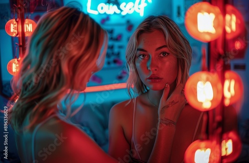 Woman Posing In Red Neon Light