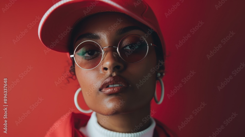 A model wearing a red cap, round glasses, and a white turtleneck strikes a confident pose, epitomizing modern urban style and self-assuredness against a bold red backdrop. A model wearing a red cap, round glasses, and a white turtleneck strikes a confident pose, epitomizing modern urban style and self-assuredness against a bold red backdrop.