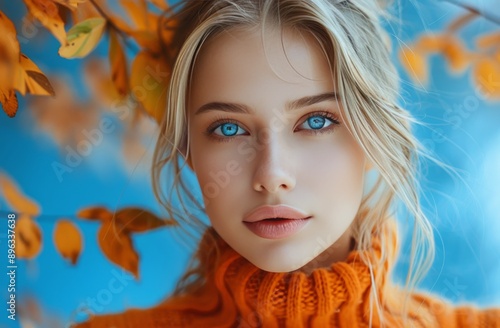 Woman With Blue Eyes and Orange Sweater in Autumn