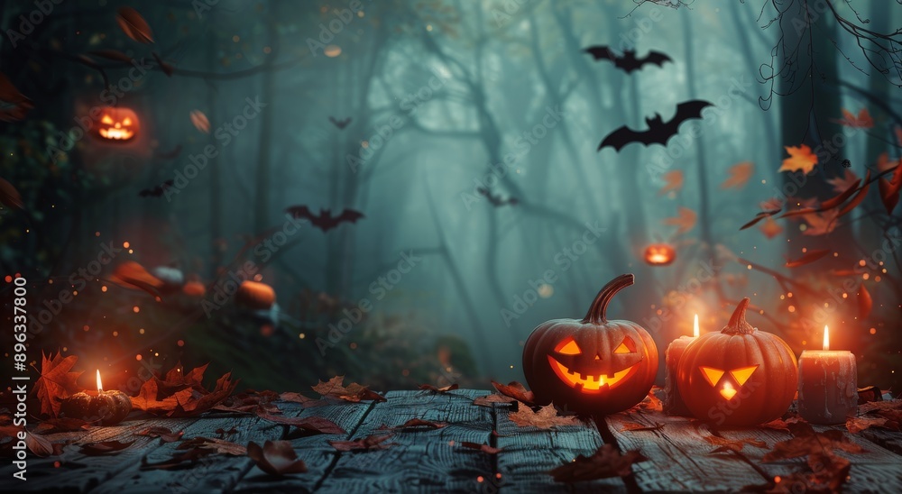 Jack-O'-Lanterns and Candles in a Forest Setting Jack-O'-Lanterns and Candles in a Forest Setting