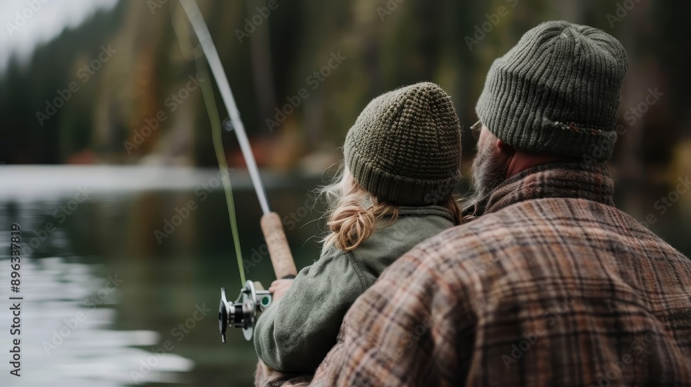 A heartwarming moment as a father and child engage in fishing by a peaceful lakeside, surrounded by lush greenery and the tranquility of nature, fostering family bonds. A heartwarming moment as a father and child engage in fishing by a peaceful lakeside, surrounded by lush greenery and the tranquility of nature, fostering family bonds.