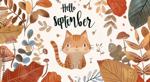Hello September Cat Illustration