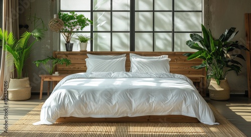 Modern Bedroom With White Bedding and Plants