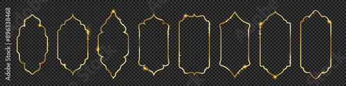 Islamic gold shape set. Muslim arab gold frames collection isolated on black background.
