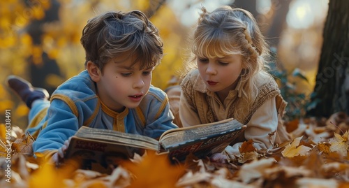 Children Reading in Autumn Leaves