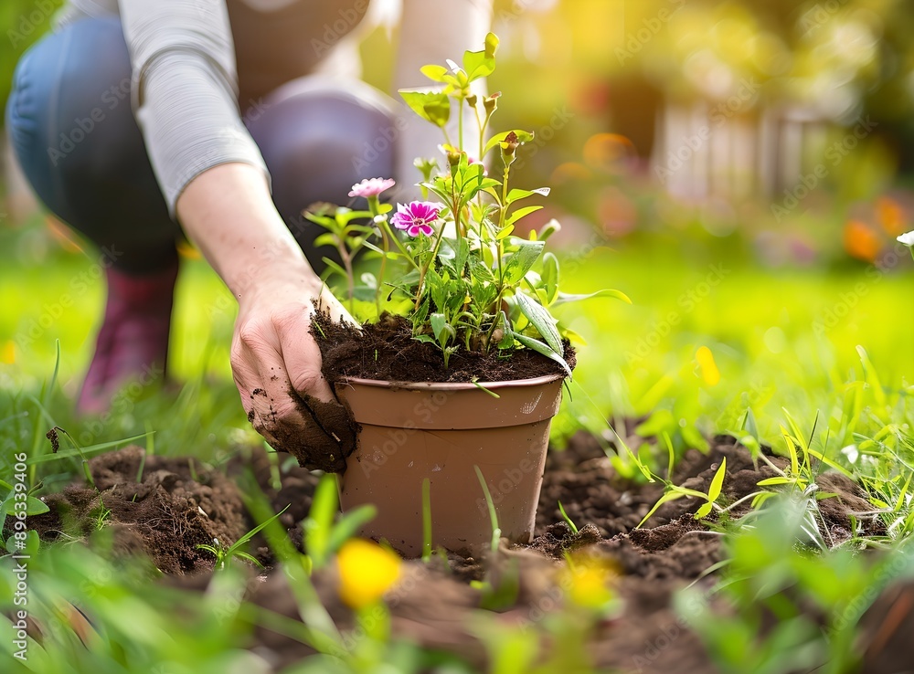 Woman planting flowers in the garden. Gardening and horticulture concept. Ecology and eco-friendly lifestyle. Banner, advertisement Woman planting flowers in the garden. Gardening and horticulture concept. Ecology and eco-friendly lifestyle. Banner, advertisement