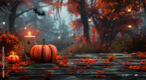 Jack-O'-Lanterns and Candles in a Forest Setting
