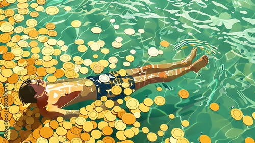 Carefree man floating on his back in a crystal clear swimming pool with gold coins all around him. photo