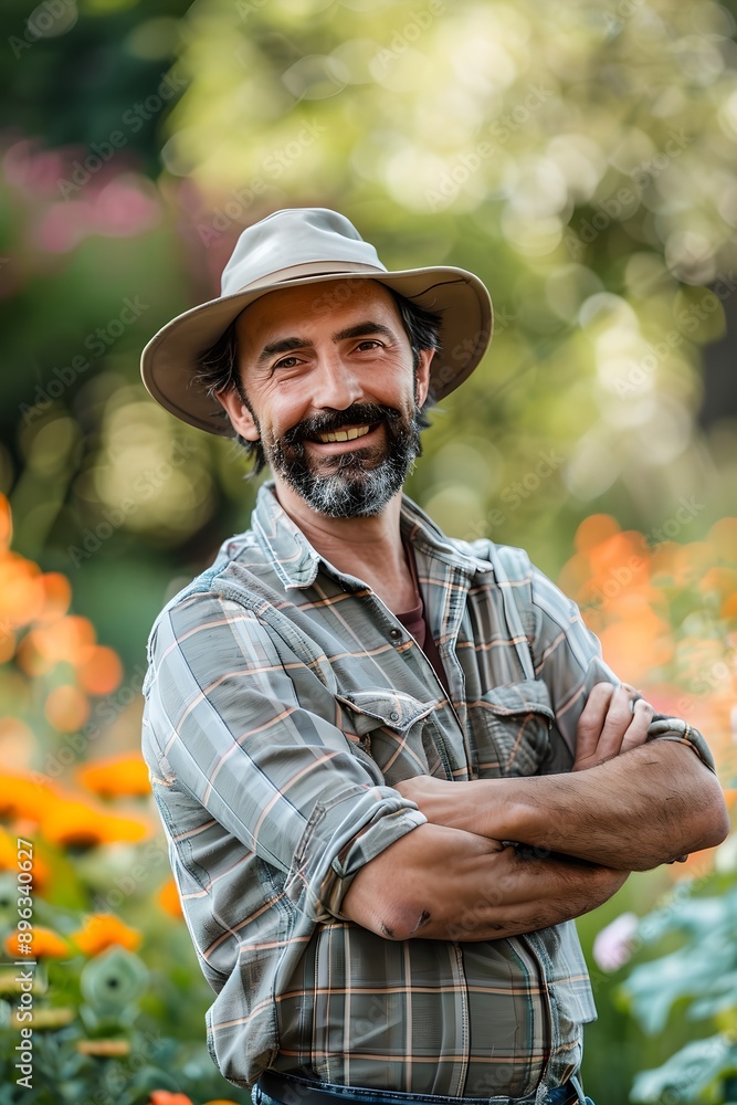 Obraz premium Smiling gardener in lush garden background. Gardening and horticulture concept. Sustainable living. Banner, advertisement, poster