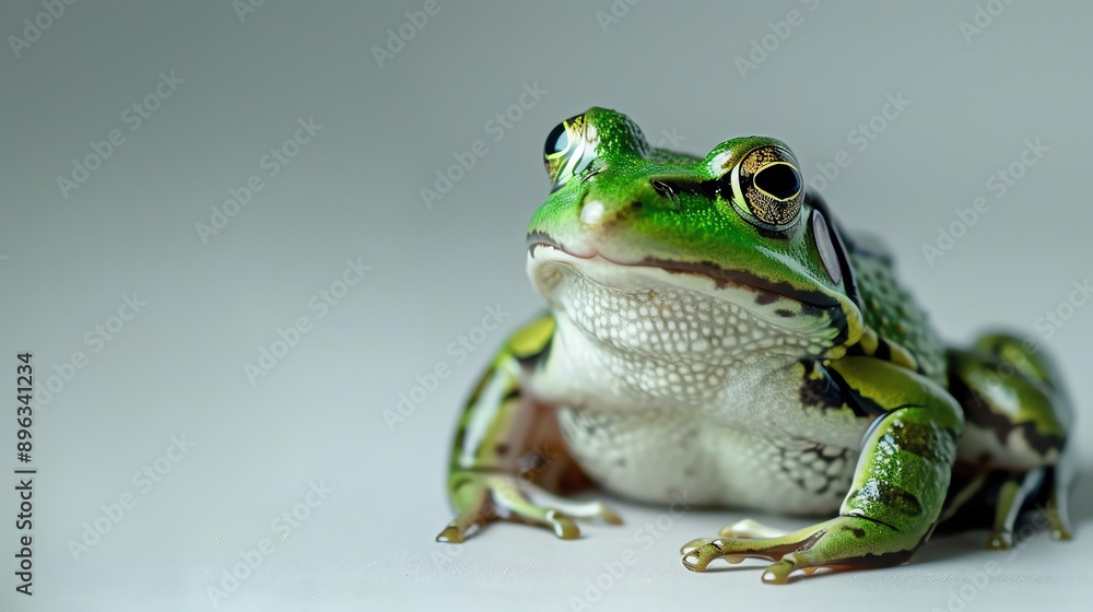 A green frog sits on a white surface. The frog is looking at the camera. The frog has bright green skin with black and yellow markings. A green frog sits on a white surface. The frog is looking at the camera. The frog has bright green skin with black and yellow markings.