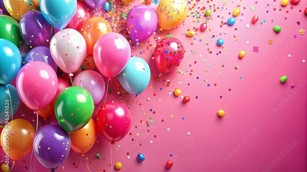 A Cluster of Colorful Balloons and Confetti on a Pink Background, Balloons, Confetti, Pink Background, Party Decoration