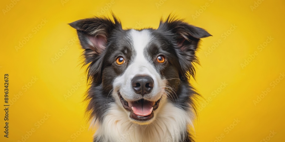 Border Collie Dog Portrait Smiling on a Yellow Background, dog, pet, portrait, happy Border Collie Dog Portrait Smiling on a Yellow Background, dog, pet, portrait, happy