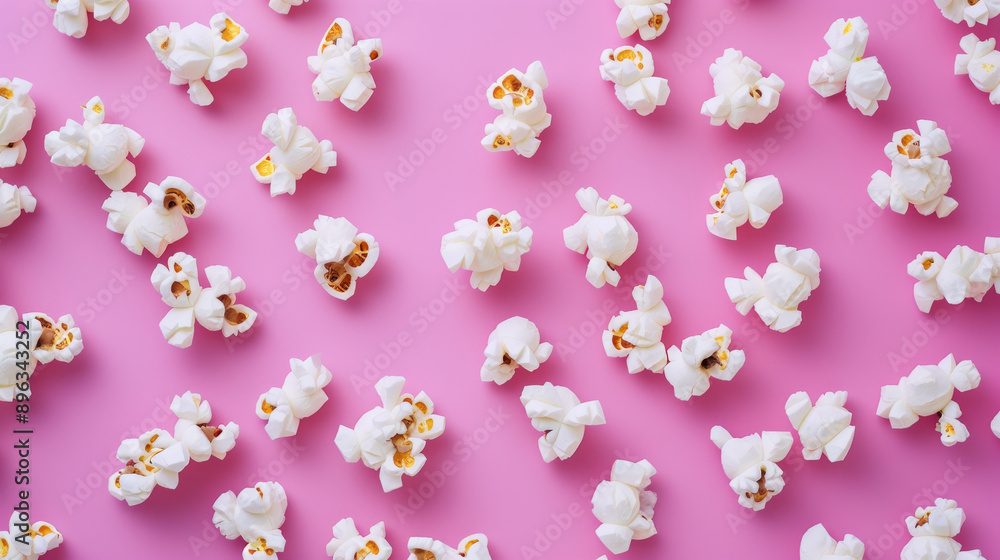 Fototapeta premium Popcorn scattered on pink background, colorful
