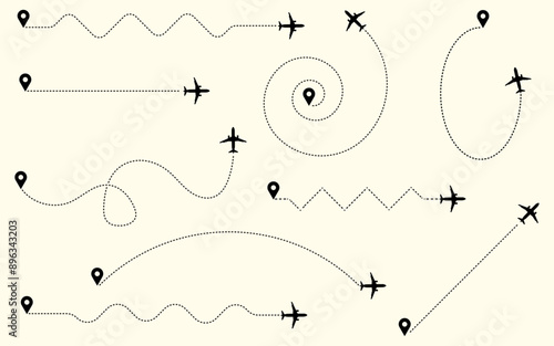 Aeroplane flight path from location to destination route silhouette vector illustration clipart graphic line travel airline map track aviation trip business fly start end point abstract background