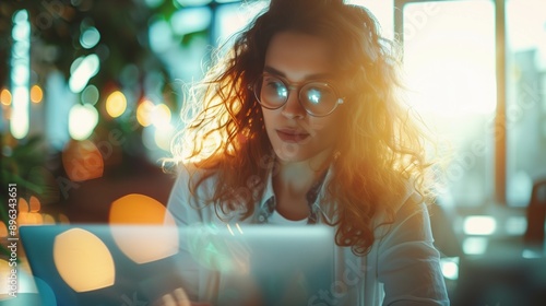 Female computer programmer writing code / futuristic hologram / augmented reality concept photo