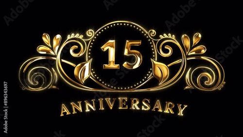 15th Anniversary Celebration. Happy 15 Years Anniversary Animation in Gold Color on the Transparent Background, Alpha Channel. Great for greetings, celebrations, events, and gifts.