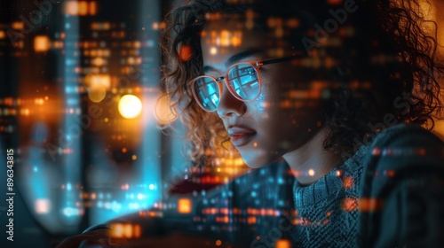 Fototapeta Female computer programmer writing code / futuristic hologram / augmented reality concept
