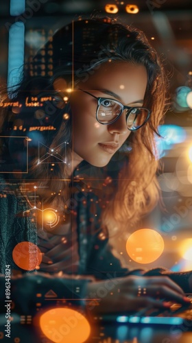 Female computer programmer writing code / futuristic hologram / augmented reality concept