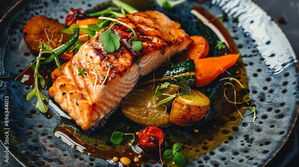 A delicious and healthy meal of grilled salmon with roasted vegetables. A delicious and healthy meal of grilled salmon with roasted vegetables.