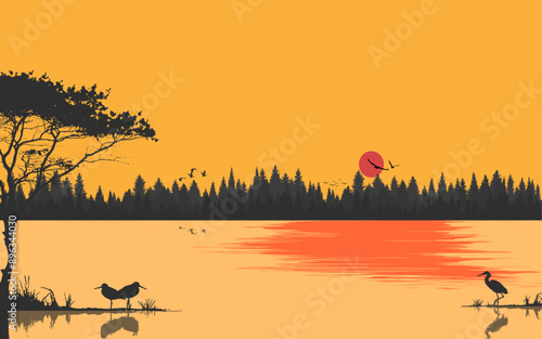 Wetland River Lake landscape summer background vector illustration color trees birds flying pine forest woods water reflection beautiful nature wallpaper