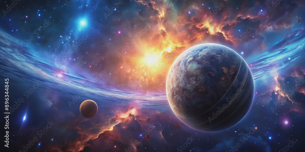 Obraz premium Cosmic Dance A Ringed Planet Amidst Stellar Nebulae, Digital Art, Space, Stars, Planets, Nebulae