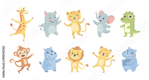 Childrens set with cute dancing animals. Collection of children's wild jungle animals. Illustration in flat style