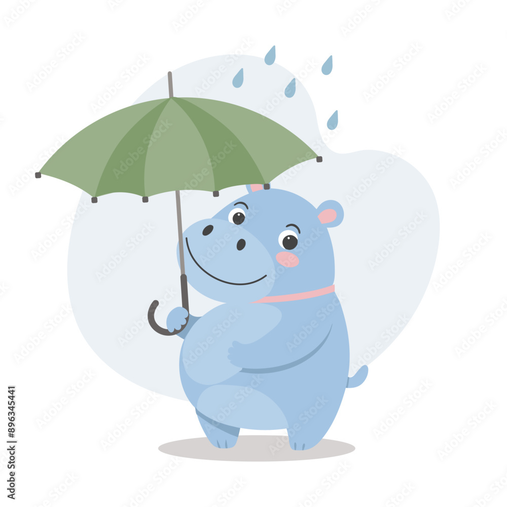 Cute baby hippo with an umbrella in the rain. Autumn children's illustration, print, card Cute baby hippo with an umbrella in the rain. Autumn children's illustration, print, card