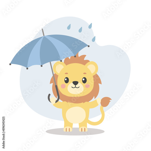 Cute cheerful baby lion with an umbrella in the rain. Autumn children's illustration, print, card