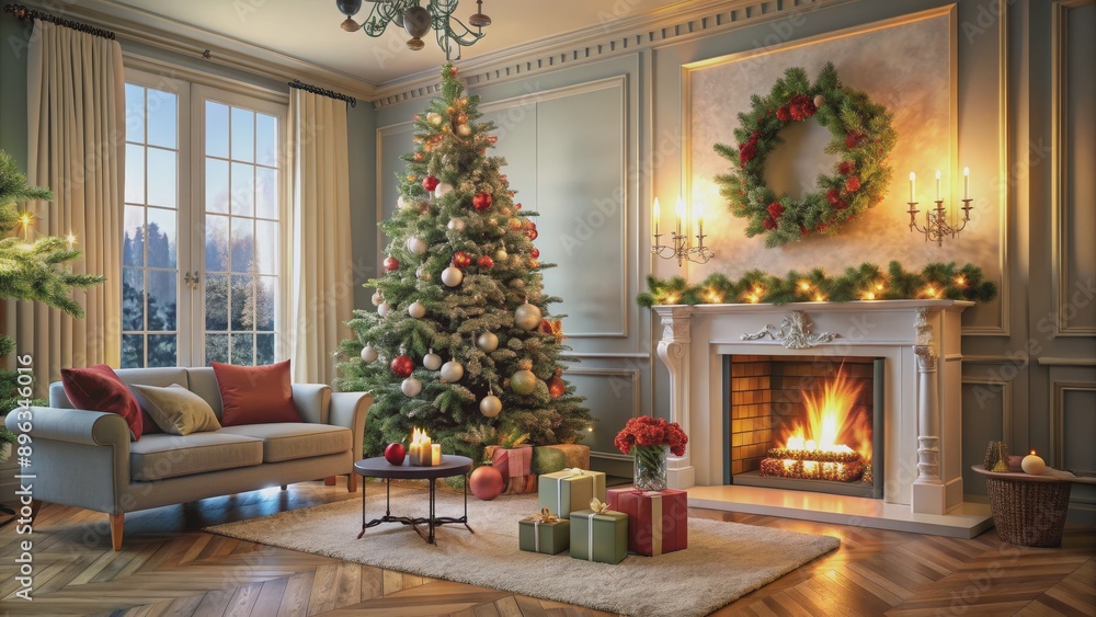 Cozy Christmas Living Room with Decorated Tree and Fireplace, Christmas , Interior Design , Holiday Decor , Festive Cozy Christmas Living Room with Decorated Tree and Fireplace, Christmas , Interior Design , Holiday Decor , Festive