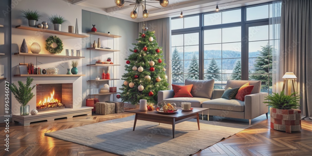 Fototapeta premium Cozy Christmas Living Room with Fireplace and Decor, Christmas , Holiday Decor , Interior Design , Living Room