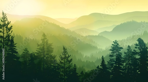 Vector panoramic landscape with green silhouette