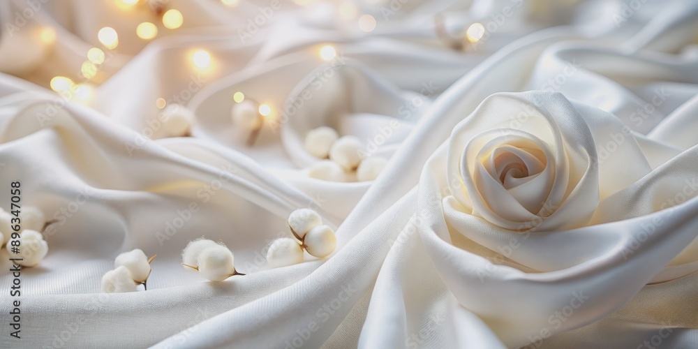 Delicate White Rose on Flowing Silk Fabric with Bokeh Lights, fabric, textile, white, rose Delicate White Rose on Flowing Silk Fabric with Bokeh Lights, fabric, textile, white, rose