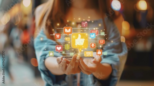 A young woman is holding a smartphone in her hand. The screen of the smartphone is displaying a variety of social media icons.