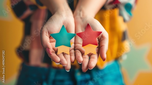 Wallpaper Mural A person is holding two paper stars. The stars are red and blue. The background is yellow. The image is well-lit, and the colors are vibrant. Torontodigital.ca