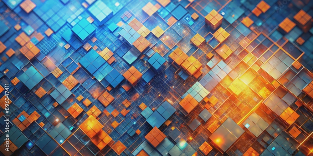 Digital Gridscape - Abstract, Blue and Orange Cubes, 3D Rendered, Technology, futuristic, abstract, geometric