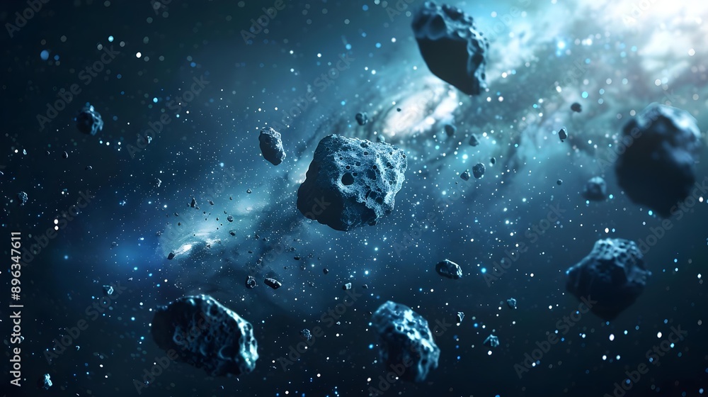 Meteor rocks flying in space with Milky Way background Meteor rocks flying in space with Milky Way background