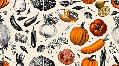 Fototapeta Naklejka Na Ścianę i Meble -  Hand-drawn vegetables and fruits patterned background