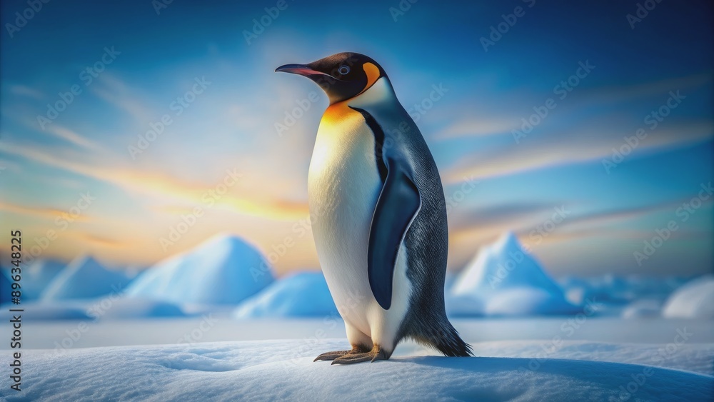 Fototapeta premium Emperor Penguin on Snowy Landscape at Sunset, 3D Rendering, Digital Art, Antarctica , penguin , sunset , ice