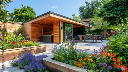 Wallpaper Mural Backyard bespoke western red cedar clad home garden office with bifold Doors slate terrace barbecue and raised flower beds Torontodigital.ca