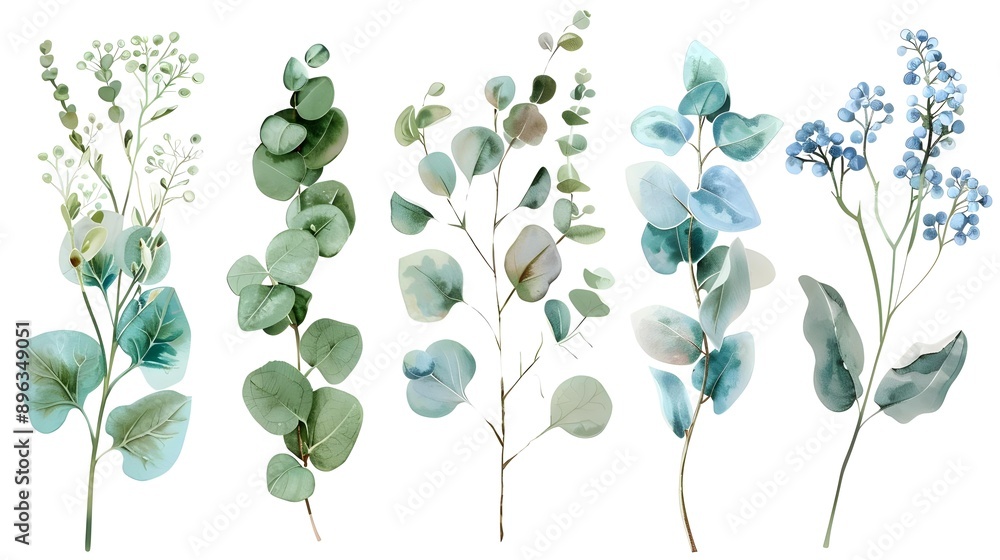 Obraz premium Floral branches of different types of eucalyptus