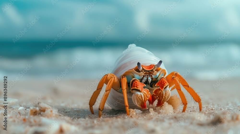 A hermit crab living in plastic cup instead of a shell. Concept of environmental pollution A hermit crab living in plastic cup instead of a shell. Concept of environmental pollution