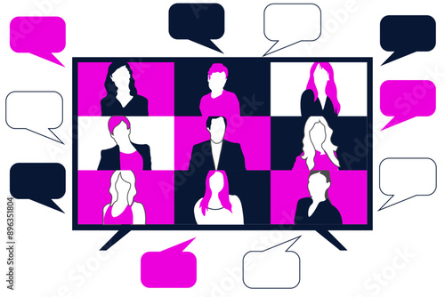 video-call-coVideo call conference, screen and speech bubbles. Stream friends. Chatting from home. Talking about the news and global events. Vector flat illustration