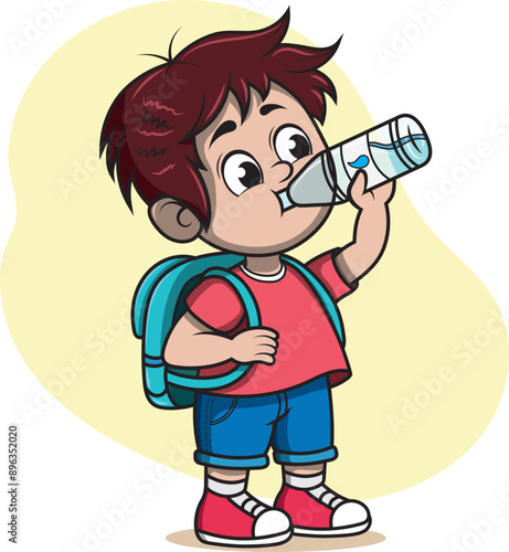 Niño pequeño bebiendo agua de una botella de plástico reciclable, ilustracion vectorial a color sin fondo.