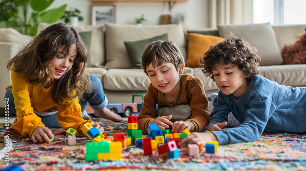 The children are engrossed in playing with colorful toy blocks, stacking them high and creating imaginative structures at home. The children are engrossed in playing with colorful toy blocks, stacking them high and creating imaginative structures at home.