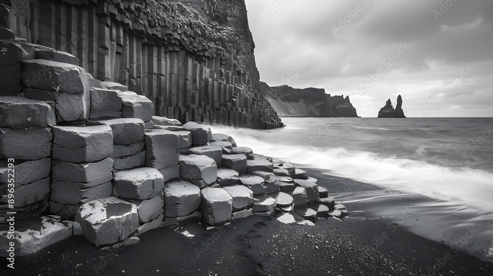 Basalt rock formations: Troll toes on black beach Basalt rock formations: Troll toes on black beach