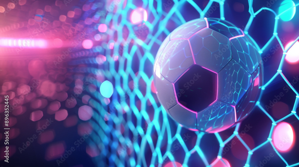 Fototapeta premium Neon soccer ball on blue background with hexagon grid pattern.