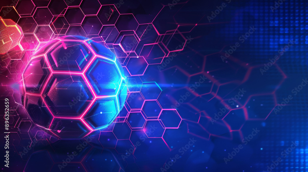 Neon soccer ball on blue background with hexagon grid pattern. Neon soccer ball on blue background with hexagon grid pattern.