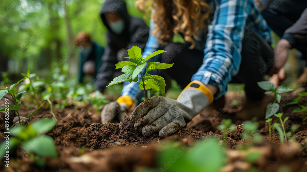 Naklejka premium The teamwork and shared purpose shine through as they carefully prepare the soil and position the tree in its new home.