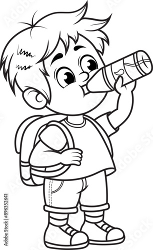 Niño pequeño escolar bebiendo agua de una botella de plastico.