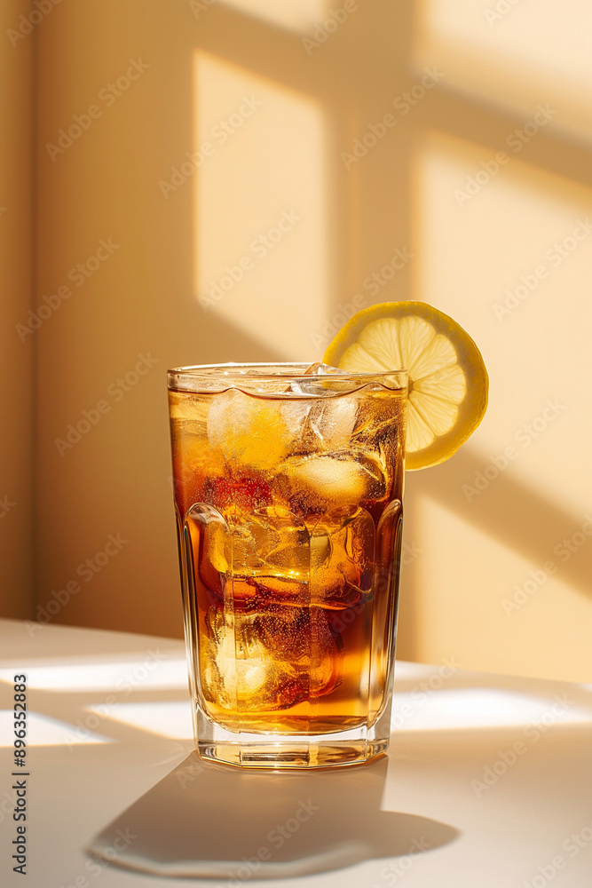 Minimalistic stock photo of an ice tea with lemon slice in glass on white table
Minimalistic stock photo of an ice tea with lemon slice in glass on white table